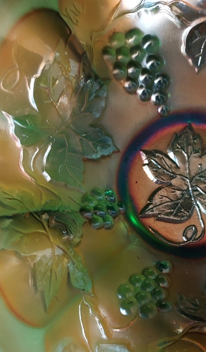 Fenton Grape and Leaves Green Iridescent Carnival Glass Bowl 1911-1918