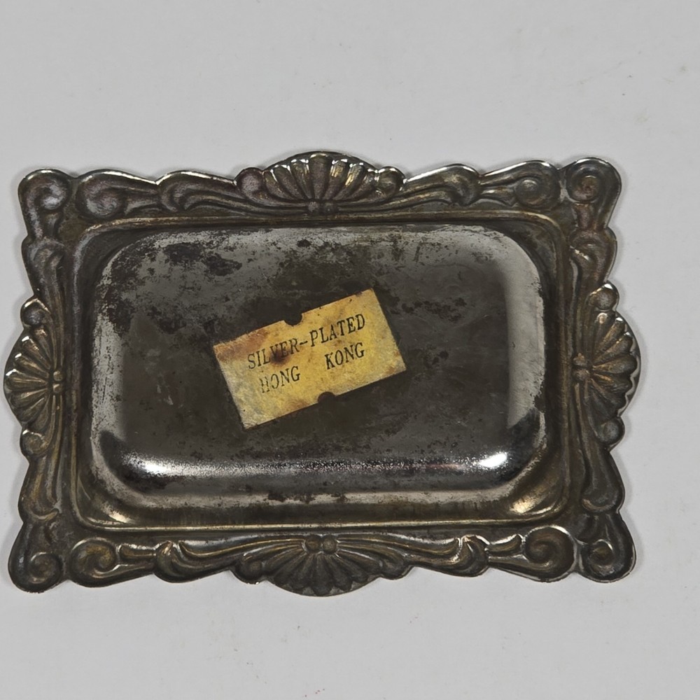 Vintage Silverplate Mini Trinket Dish – Ornate Rectangular Engraved Hong Kong