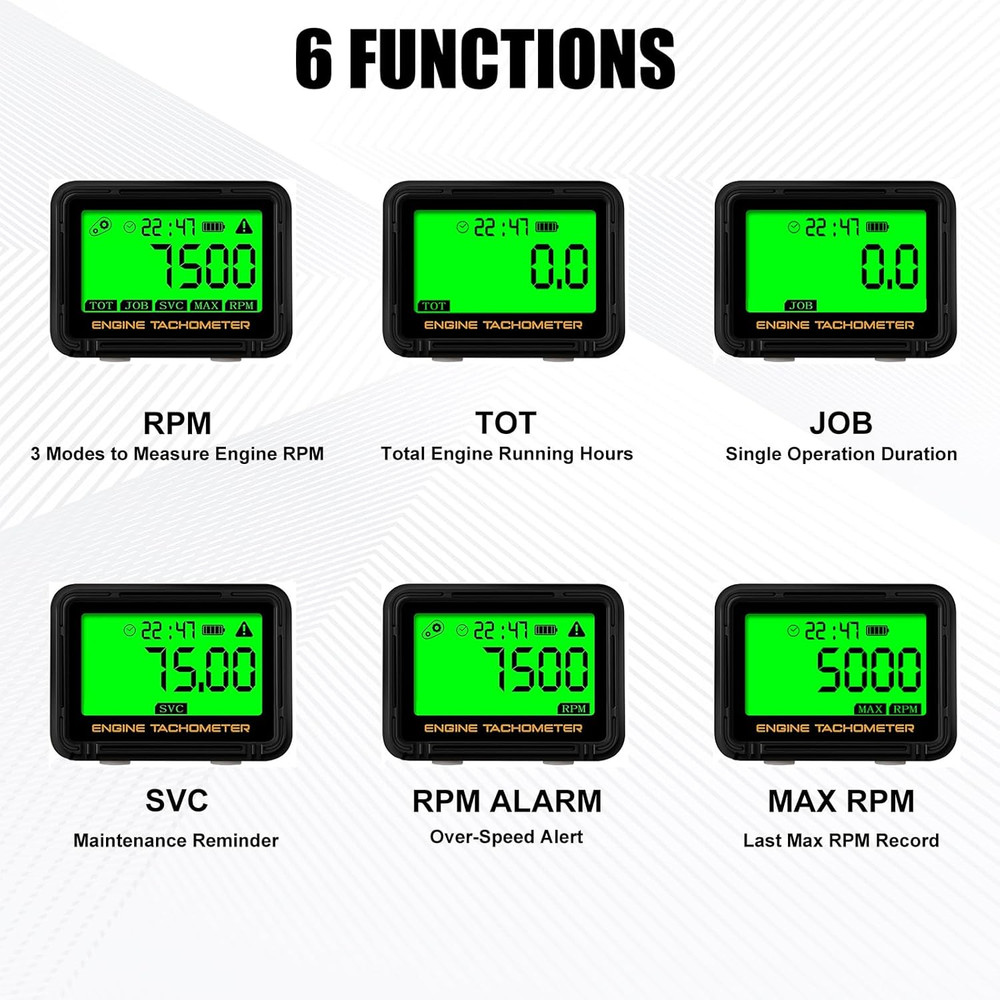 Digital Engine Tachometer & Hour Meter Mini Tach Gauge with Clip & Backlight Dis