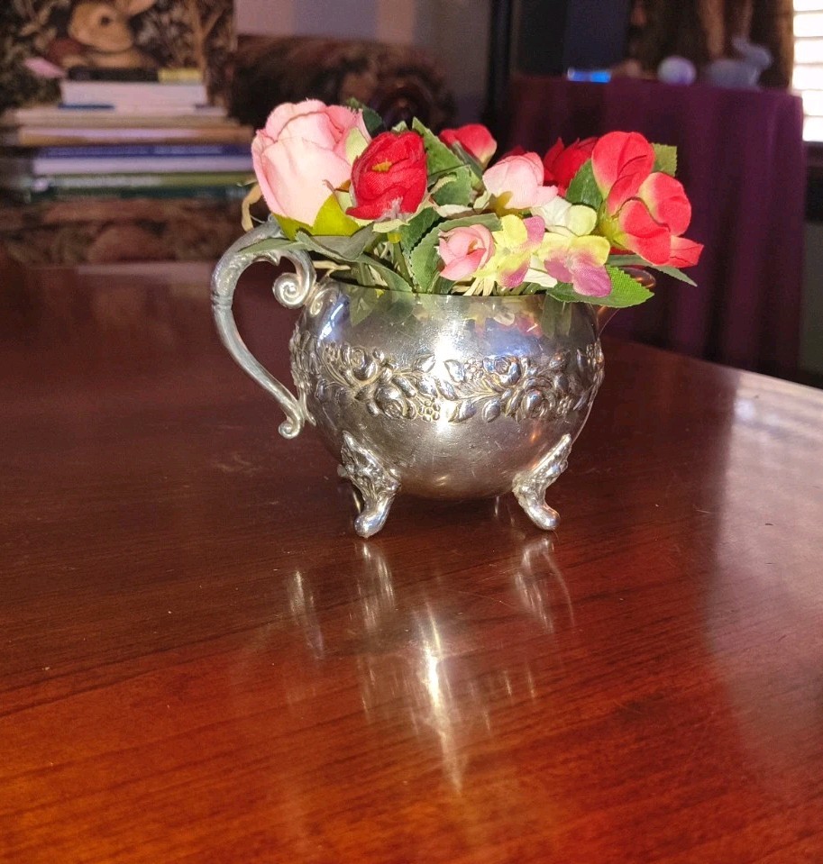 Silver Roses Footed Cream Pitcher with Handle