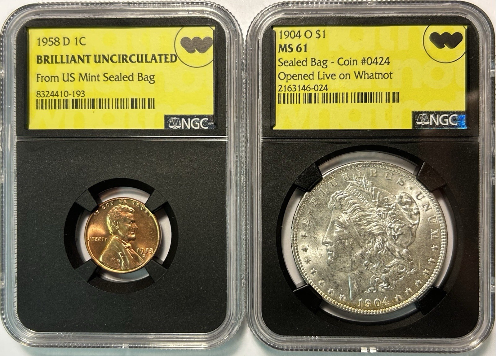 1904-O $1 Morgan Silver Dollar NGC MS61 + 1958-D BU Lincoln Cent Whatnot Labels