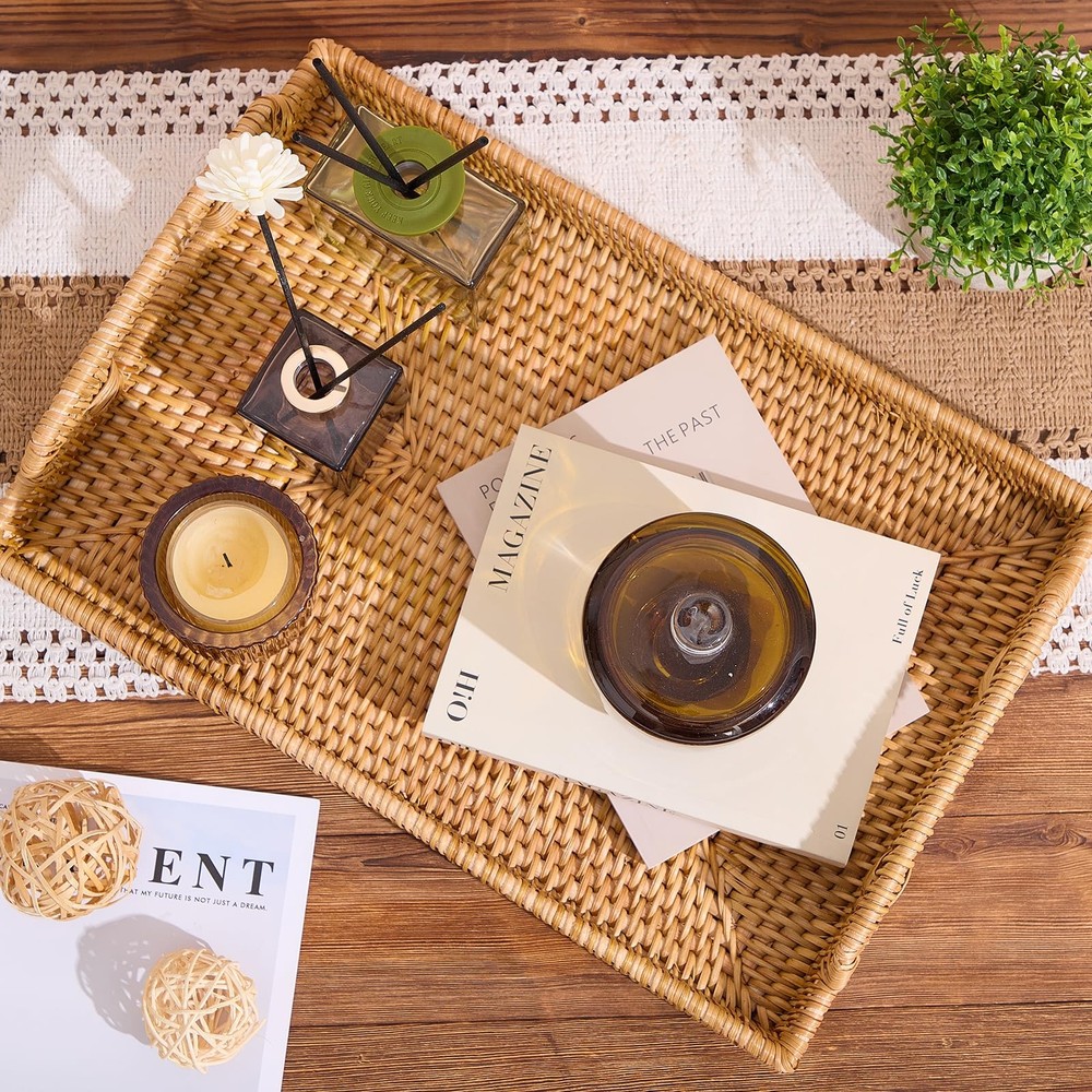 Rattan Rectangular Serving Tray with Handles, Hand-Woven Wicker Decorative Tr...