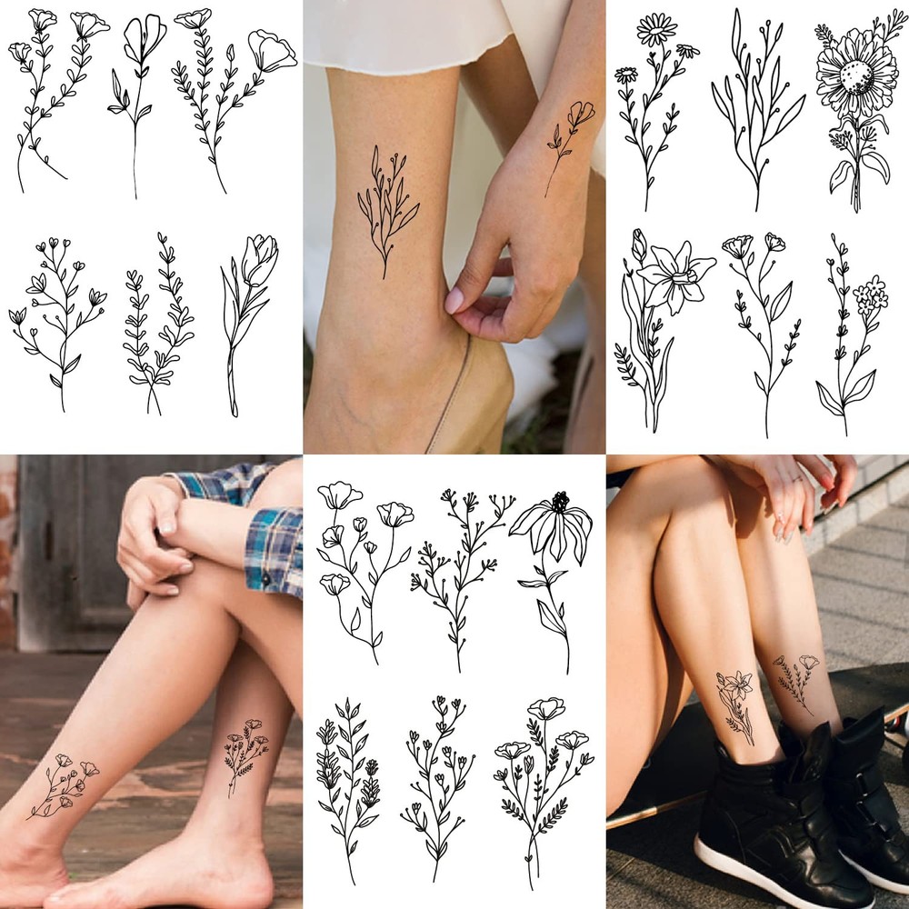 Cerlaza 75 Styles Tiny Black Flower Branch Temporary Tattoos For Tiny,