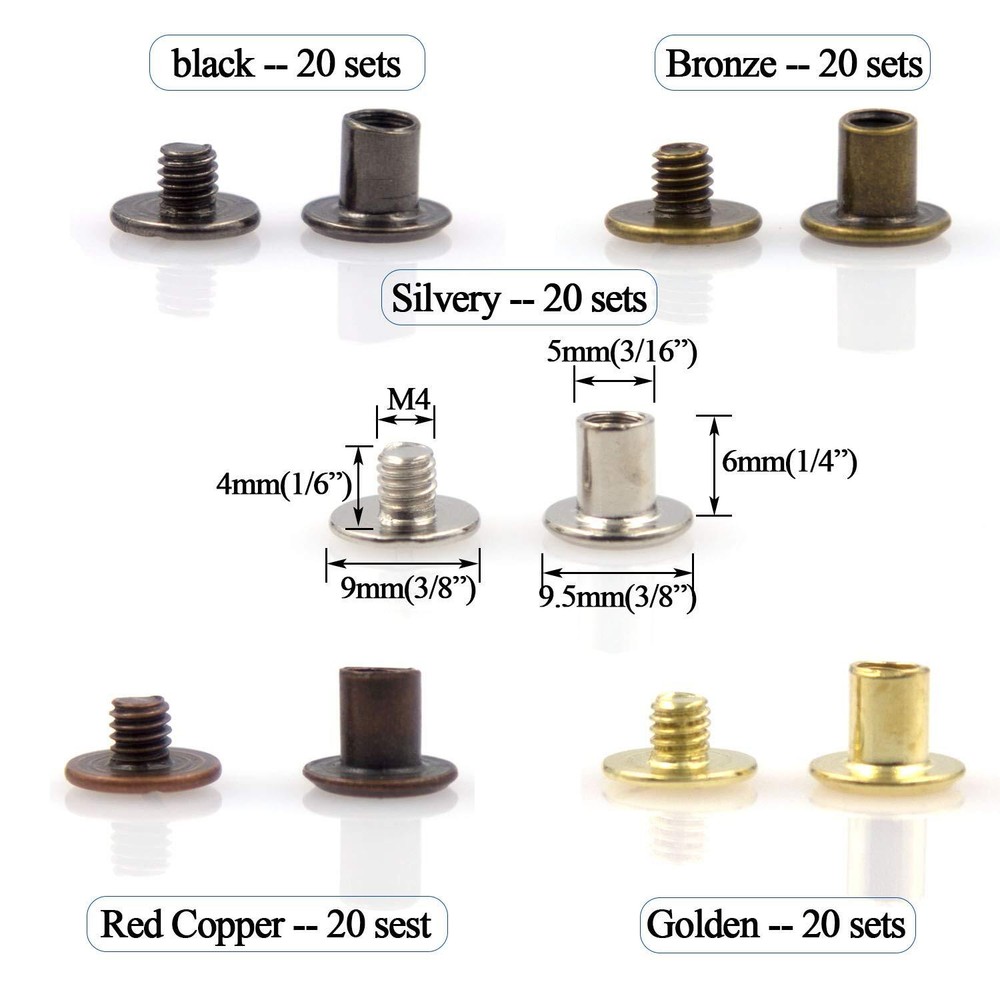 100 Sets Chicago Screws Assorted Kit 5 Color Leather Rivets Screw Rivets Flat
