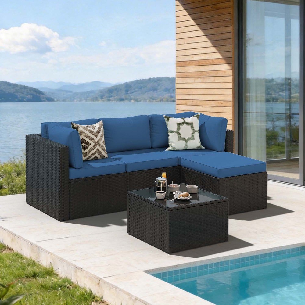 3-Piece Black Rattan Conversation Set Sofa Ottoman Table Navy Blue