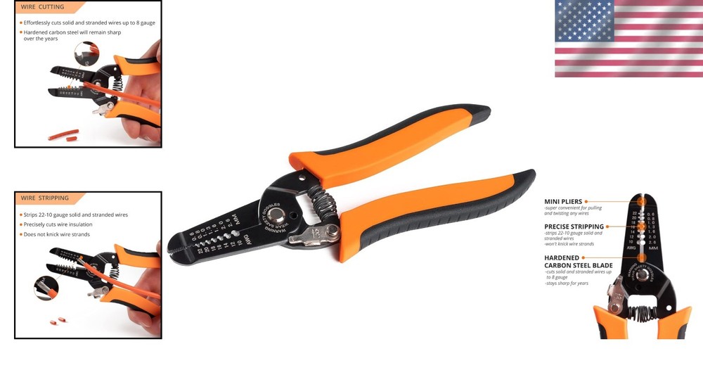 Hardened Steel Wire Stripper & Cutter for Solid and Stranded Wires 22-10 AWG