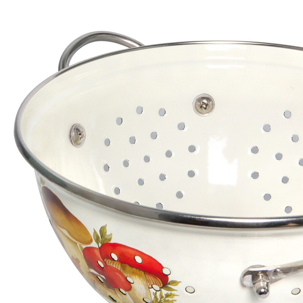 MUSHROOMS Enameled Colander, Enamelware Strainer Pasta Fruit 2.6 qt