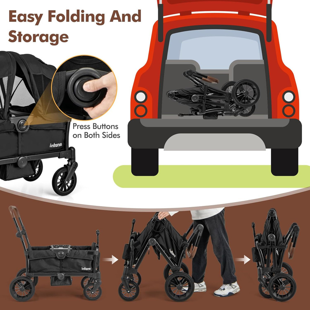 Wagon Stroller for 2 Kids, Collapsible Adjustable Push Pull Handle Bar, 2 Seater