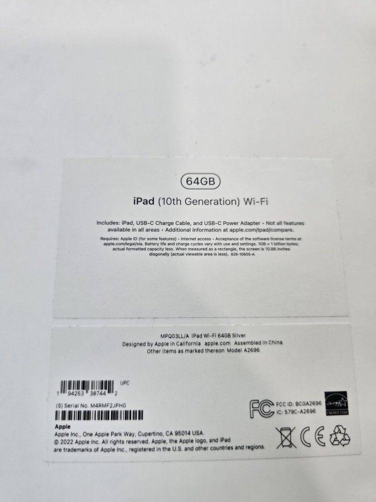 iPad box 10th Generation Silver 64GB EMPTY BOX ONLY