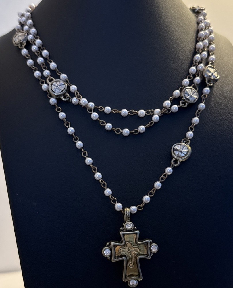 Vintage Faux Pearl Bead Rosary Necklace Gold Tone Rhinestone Cross