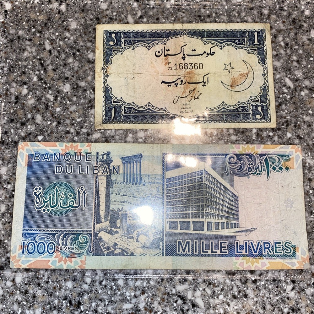 Lebanon 1000 Note & Pakistan 1 Rupee Note