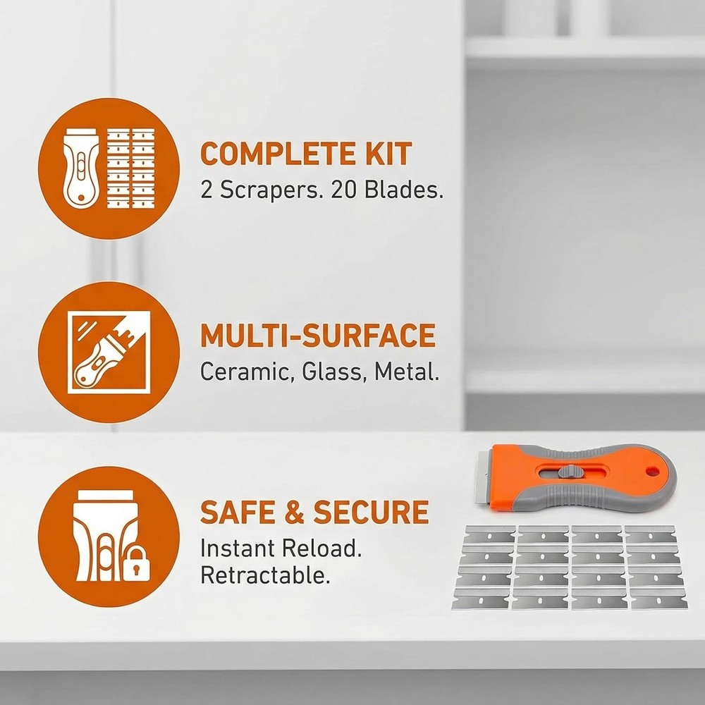 Razor Blade Scraper Tool 2 Pack with 20 Extra Blades - Retractable Glass Scraper