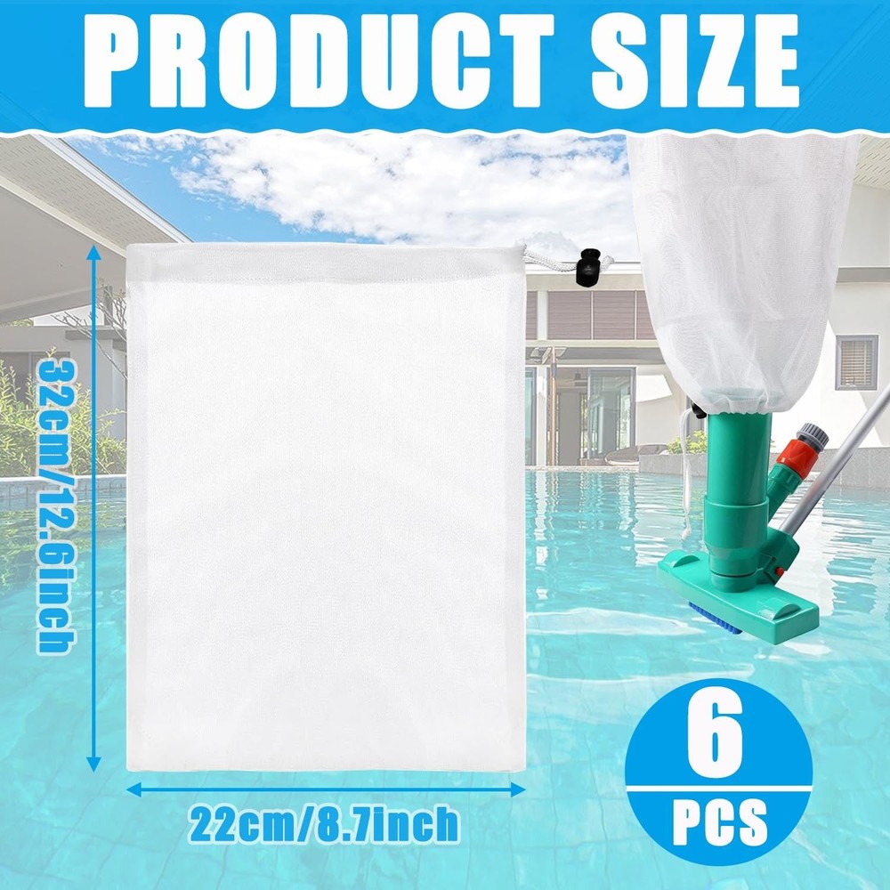 6-Pack Pool Vacuum Mesh Replacement Bags, Fine Leaf Net white