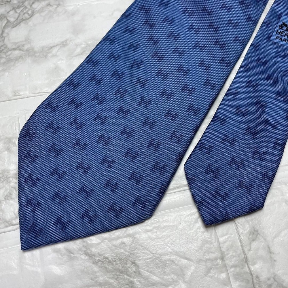 HERMES Tie H Pattern Silk Blue