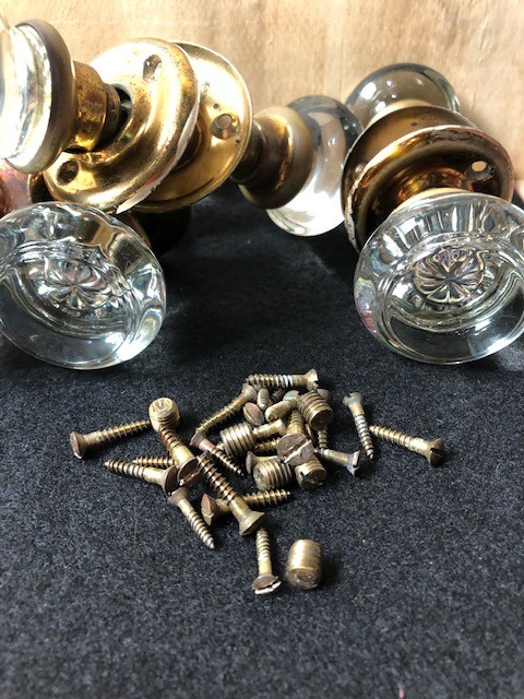 Antique Glass Rosette Door Knobs w/ Brass Hardware - 5 sets