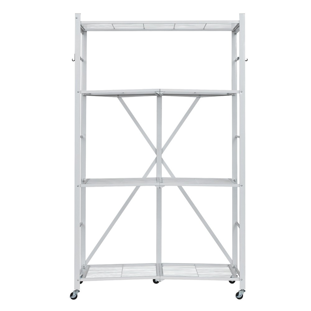 Folding Storage Shelf with Wheels 4-Tier No Assembly Organizer Shelf White