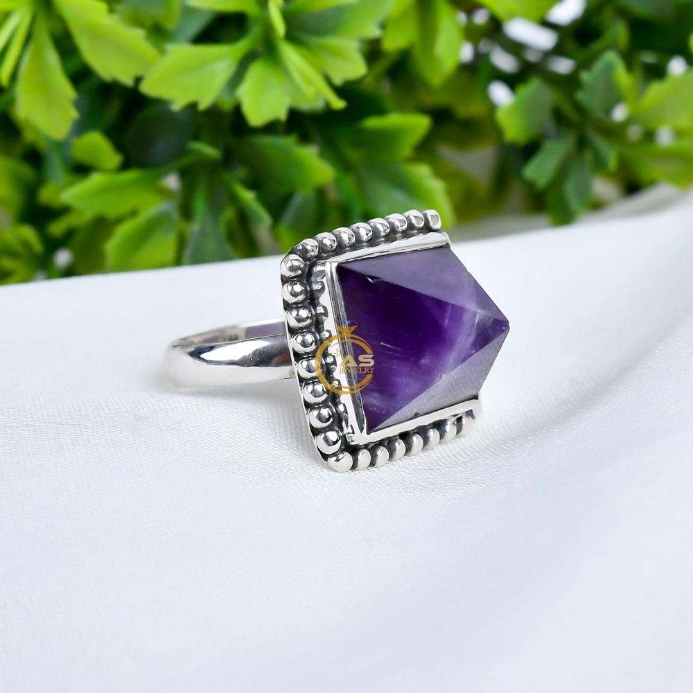 Pyramid Amethyst Gemstone 925 Solid Sterling Silver Handmade Ring All Size