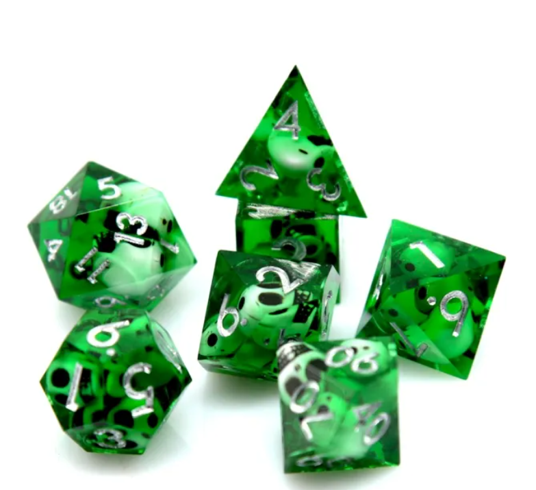 Green Death Sharp Edged 7 Dice Set Poly RPG DnD Dungeons Dragons AD&D d20