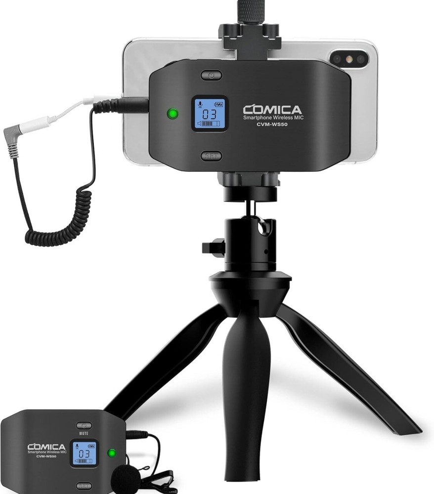 Comica CVM-WS50 Wireless Lavalier Microphone for iPhone with Tripod, KH-1-D92