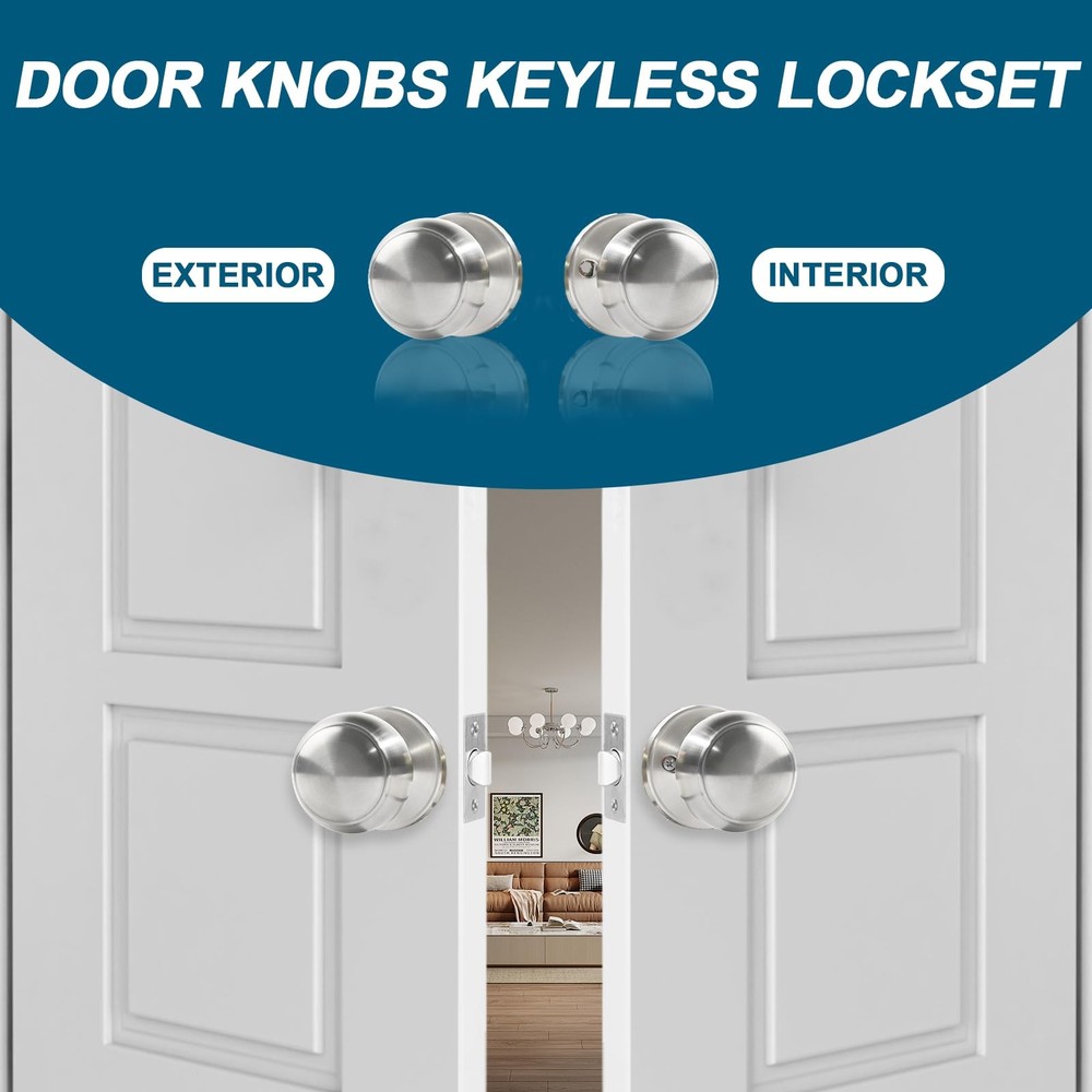 Passage Door Knobs, 6 Pack Satin Nickel Door Knobs, for Hallway & Closet Non-Loc
