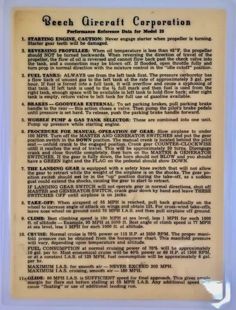 Beechcraft Performance Data for Early Model 35 V-Tail Beech Bonanzas  CKL-0113