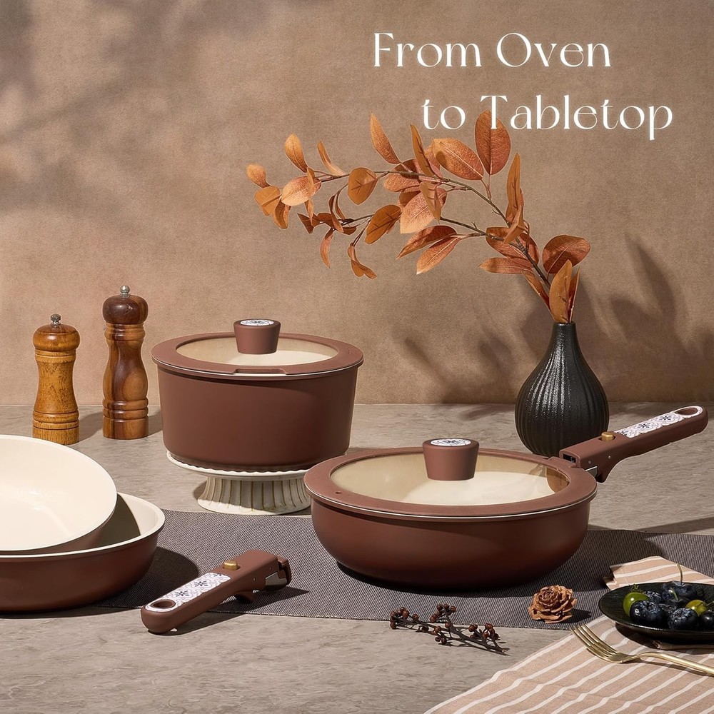 Versatile 19-Piece Ceramic Cooking Set: Detachable Handles for Compact Storage