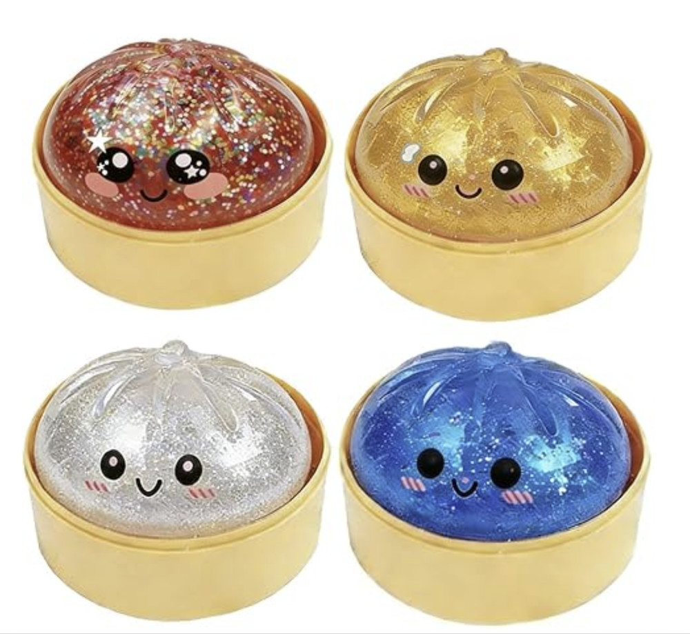 Squishy Mystery color glitter bun dumpling. 4" wide.