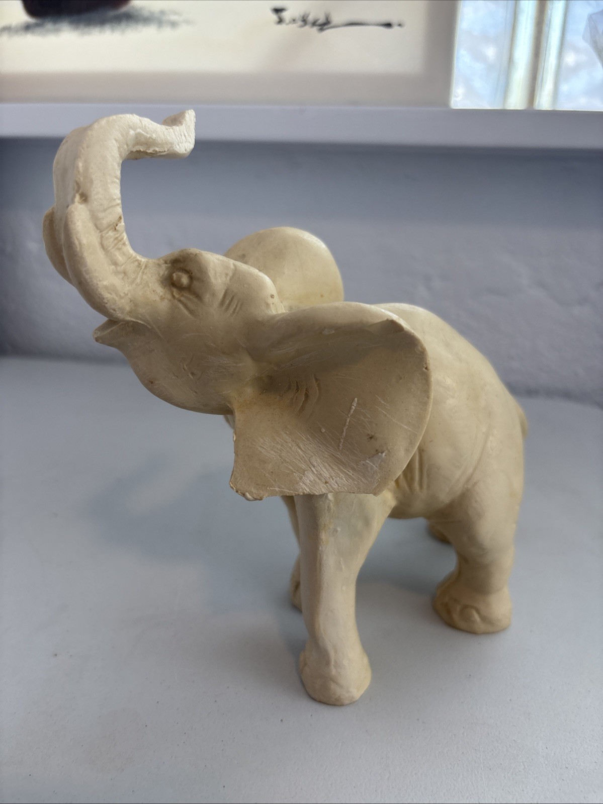 Elephant Figurine Trunk Up. White. Resin Or Alabaster? 1.2 Lbs