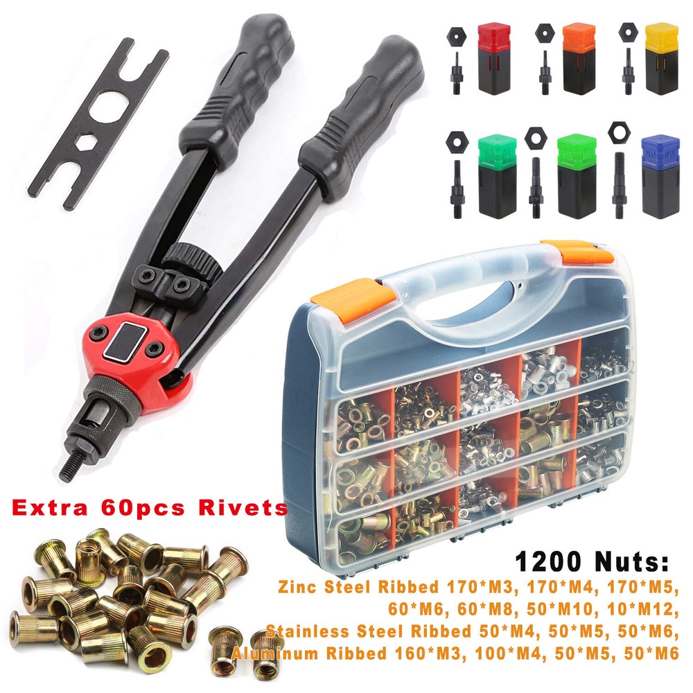 1260Nuts+13'' Rivet Gun Kit Rivnut Thread Setting Tool Nut Setter NutSert Metric