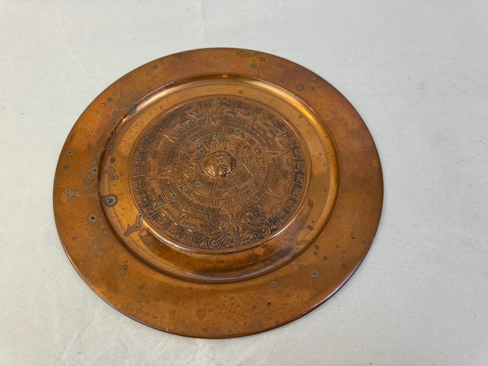 Vintage Solid Copper Embossed Mayan Aztec Inspired Round Wall Hang  Plate 11"