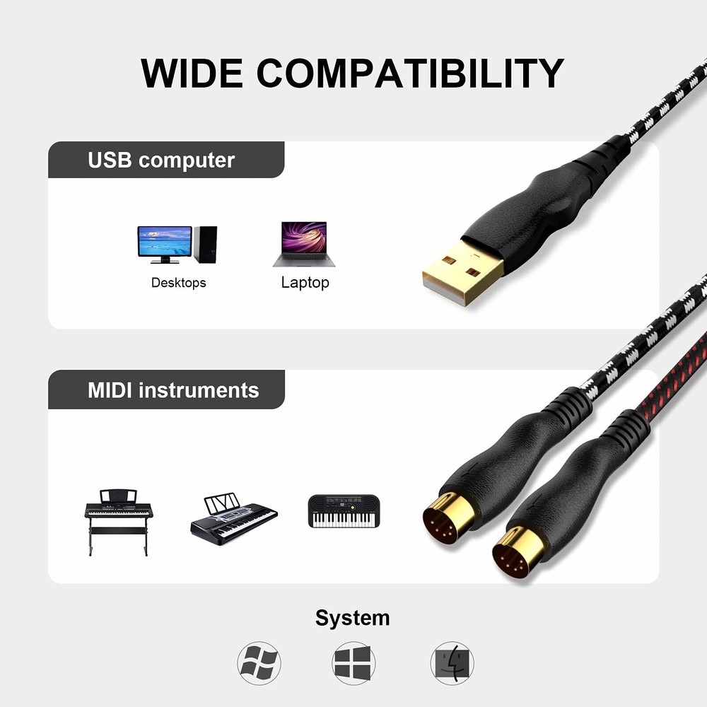 USB to MIDI Cable 6.5Ft, USB MIDI Interface Adapter,MIDI to USB Cable Convert...