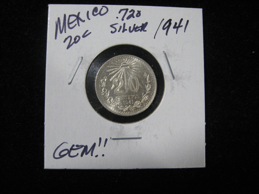 1941 MEXICO 20 CENTAVOS SILVER SUPER NICE GEM!!
