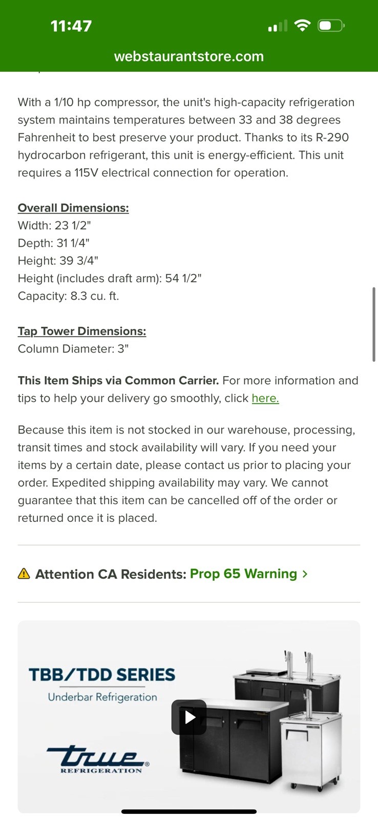 True Commercial Single Tap Kegerator Stainless Steel