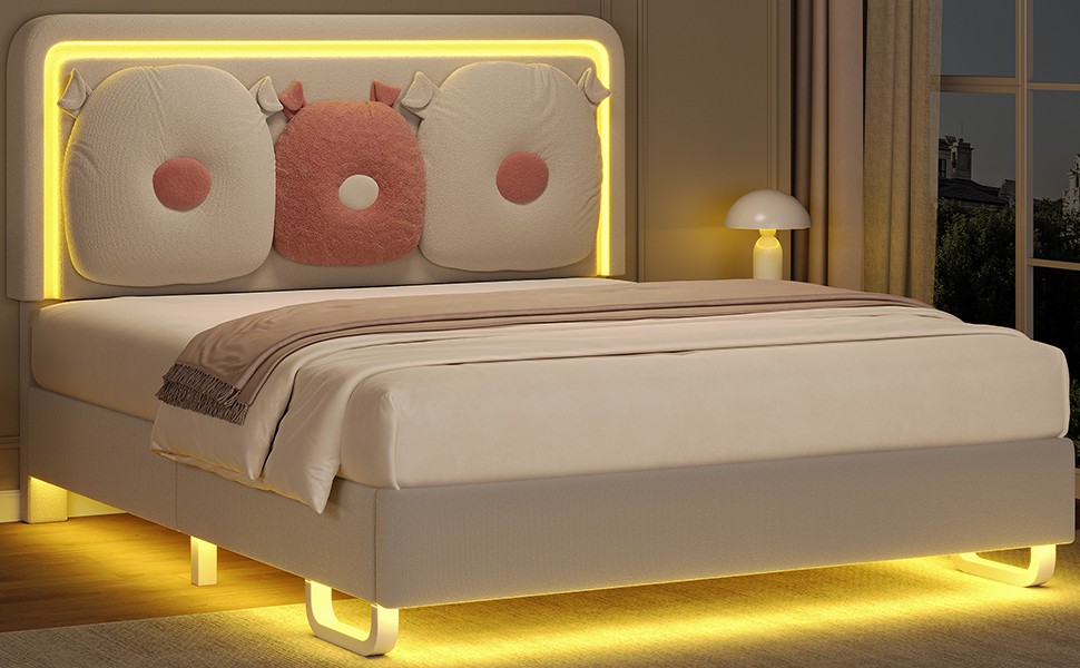 Easy Assembly Upholstered Beige Bed Adjustable Headboad With LED Light
