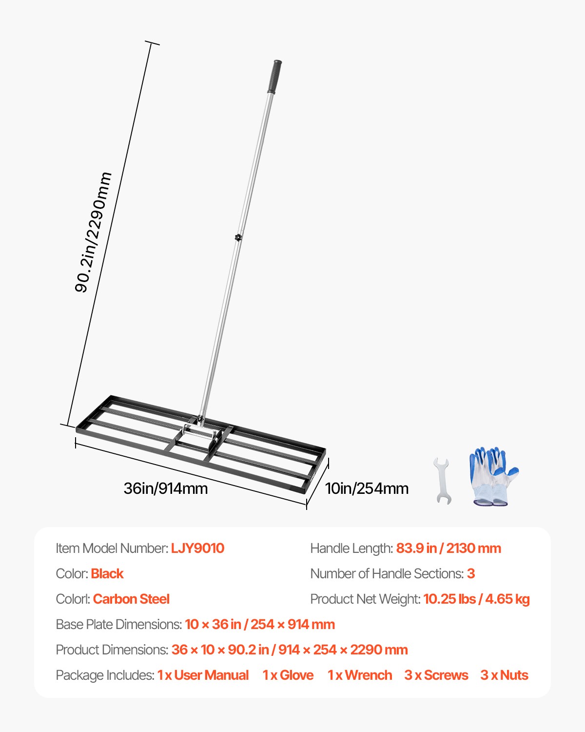 10x36in Lawn Leveling Rake Heavy Duty 83.9in Adjustable Handle for Yard & Garden