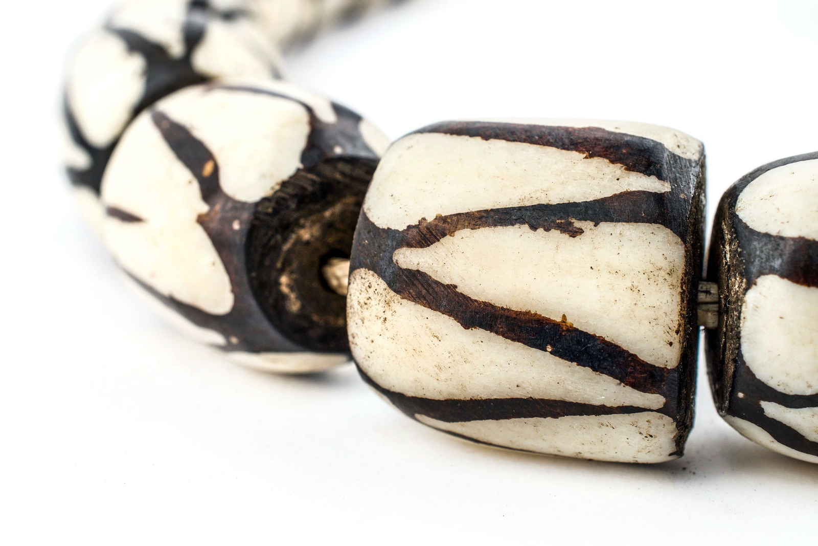 Diagonal Stripe Batik Bone Beads Barrel 24mm Kenya African Black and White