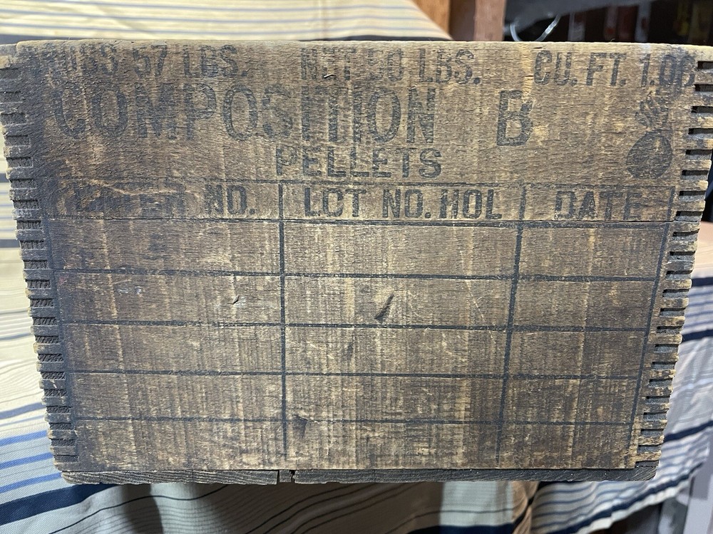WWII COMPOSITION B PELLETS High Explosive Ordnance Flaming Bomb Box Crate RARE