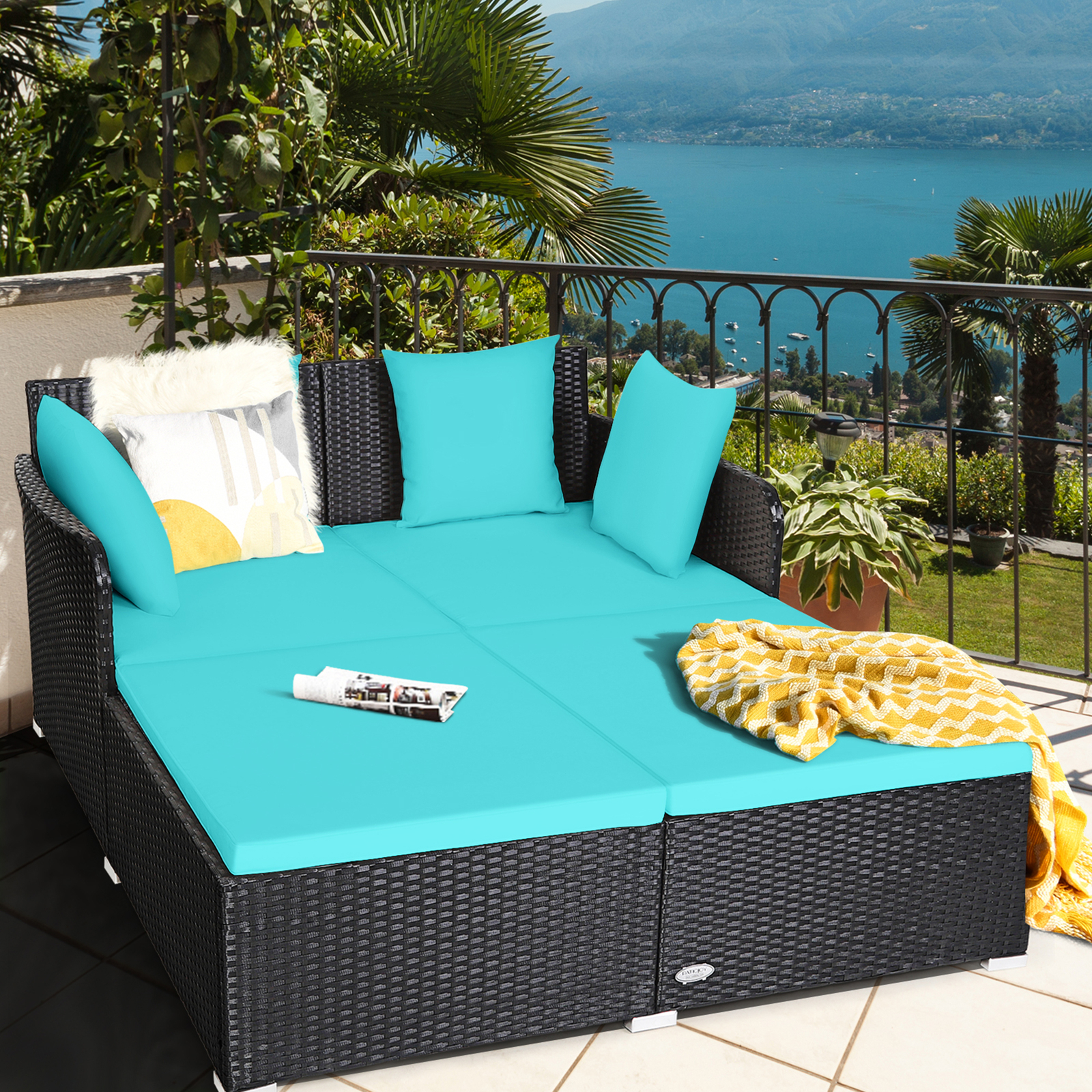 Rattan Patio Daybed Loveseat Sofa Yard Outdoor w/ Turquoise Cushions Pillows