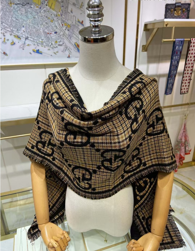 SCARF GUCCI SCARF SHAWL AUTHENTIC 100% CASHMERE BLACK BEIGE CLASSIC LOGO