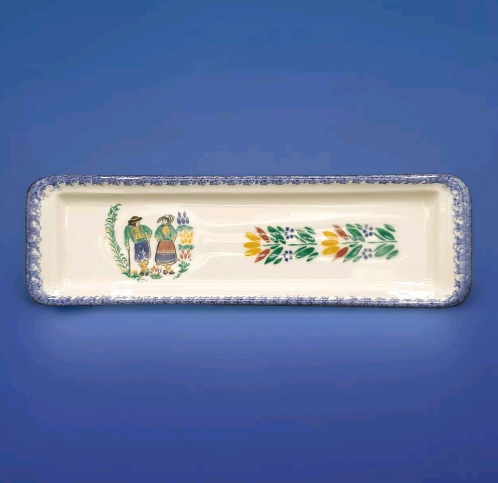 QUIMPER Rectangular Butter Tray Pickle Dish Blue Border