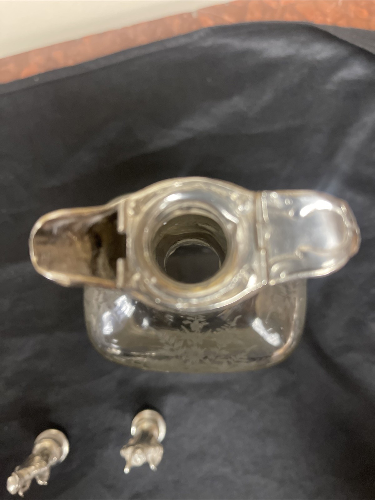 Pair Antique German Hanau Glass Decanters Bottles With sterling mounts / Tops