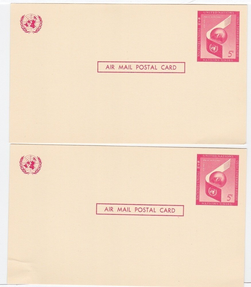 (2) UNITED NATIONS 5¢ Air Mail Blank Back Postcards Unposted