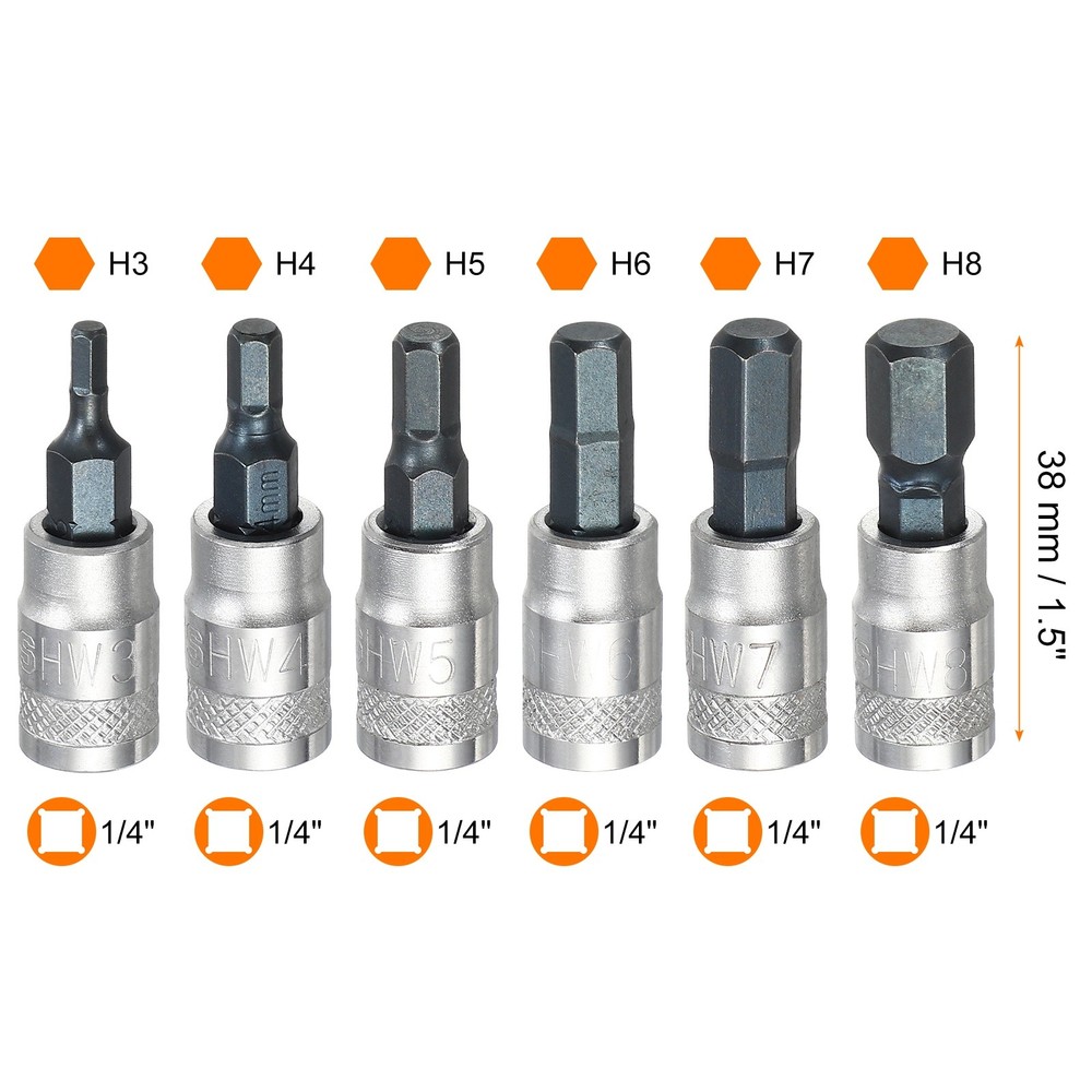 5Pcs Hex Bit Socket Set 1/4" Drive 1.5" Length S2 Steel Bit CR-V Socket