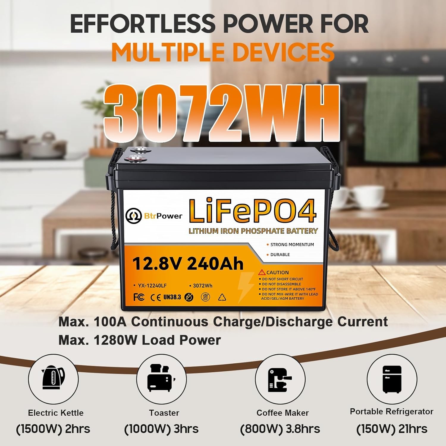 BtrPower 12V 240Ah Lithium LiFePO4 Battery with 100A BMS for Golf Cart RV Solar