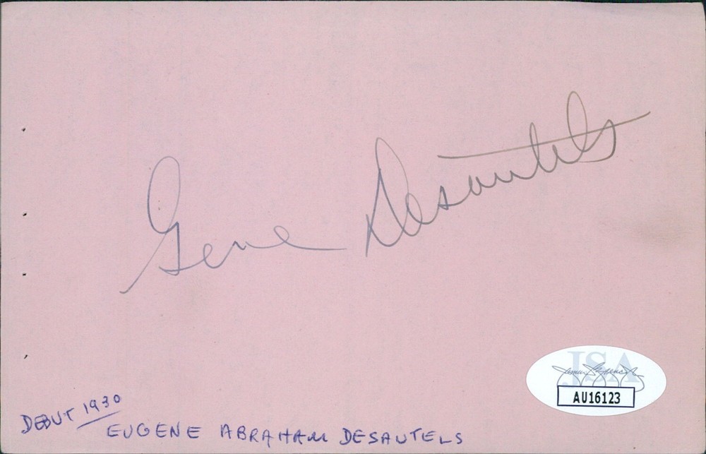 Gene Desautels Signed 3x5 Cut Page JSA Authenticated