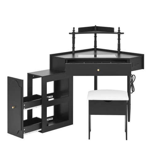 Corner Vanity Desk Set +Storage Cushioned Stool Triangle Makeup Desk w/Drawer