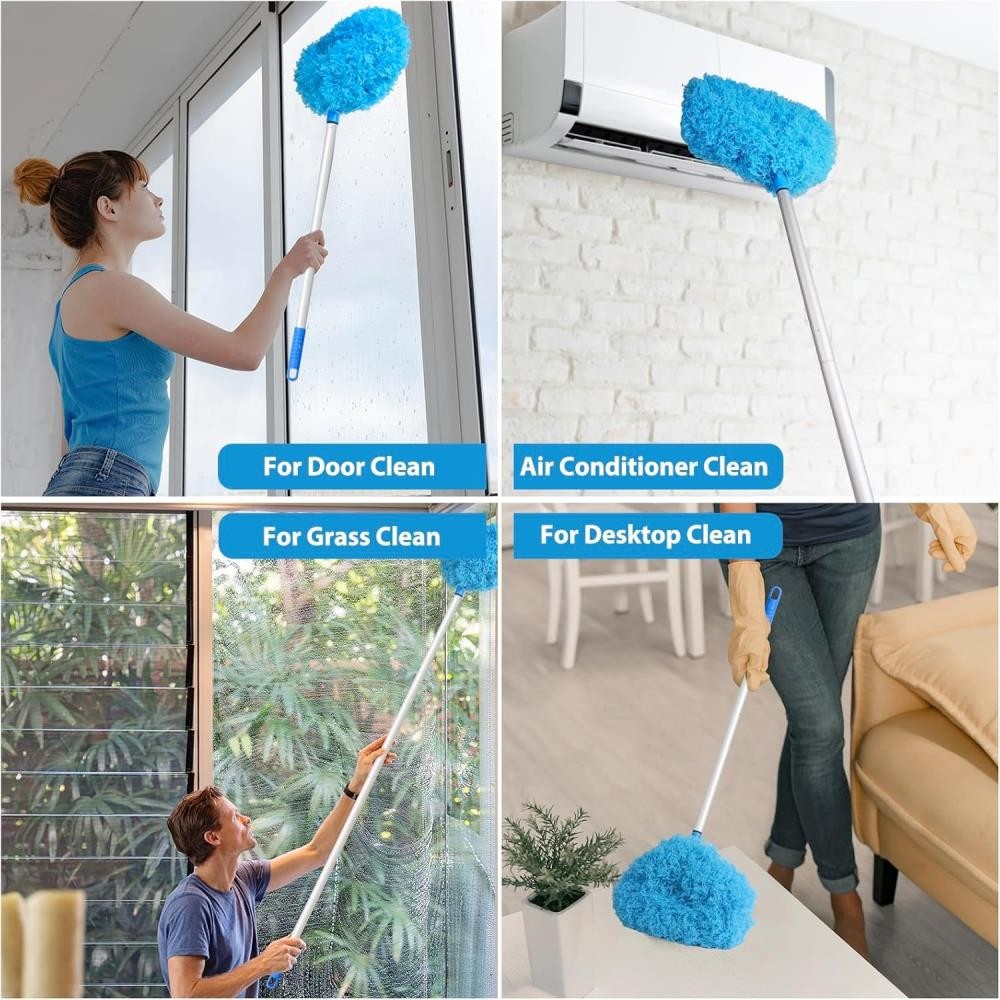 Round Head Microfiber Duster for High Reach Ceiling Fan Cleaning Blue Polyester
