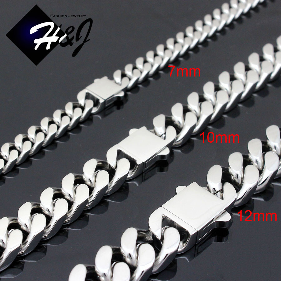 7.5"-11"MEN Stainless Steel 7/10/12mm Silver Miami Cuban Curb Chain Bracelet*166