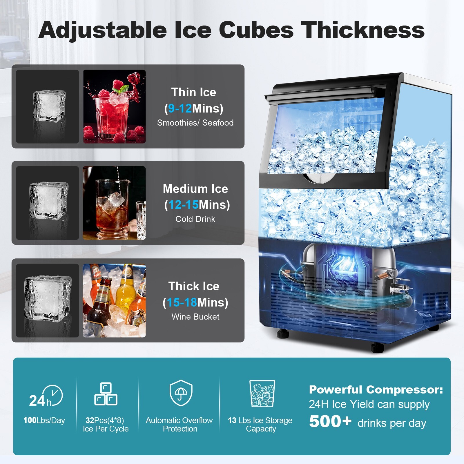 Commercial Ice Maker 100lbs Ice Built-in/Freestand Cube Machine Restaurant New