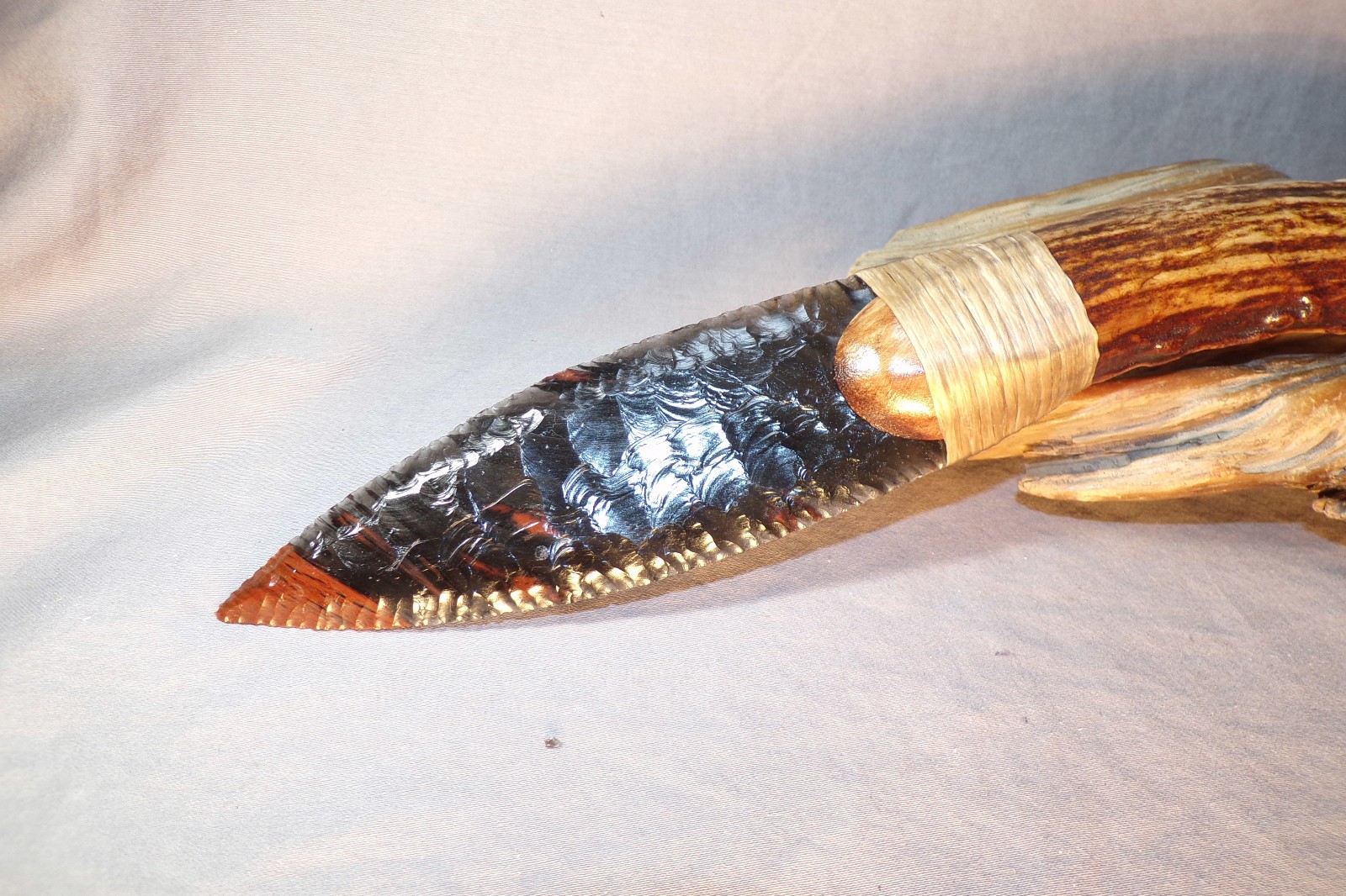 Large Triple Flow Obsidian Paleo Knife Flint Knapping Black Powder Antler Handle